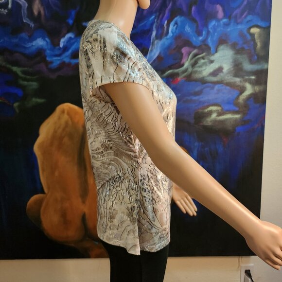 MSK, size S, scoop neck, short sleeve top, flowing, sequins, nuetral colors - Picture 7 of 14